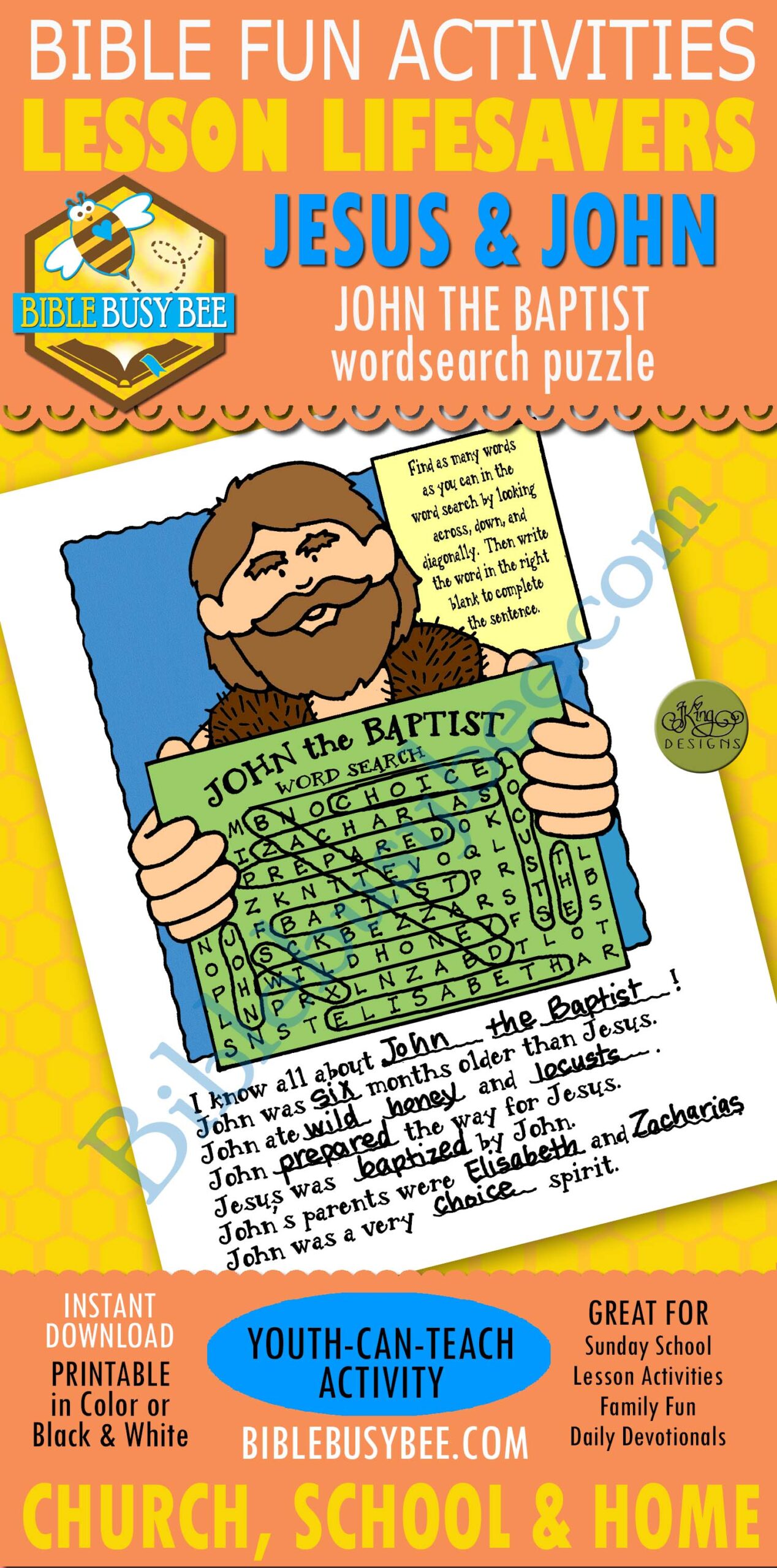 BAPTISM Lesson Lifesaver Activity John the Baptist word search puzzle
